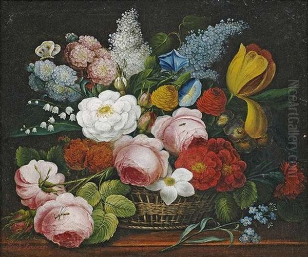 Stilleben Mit Bunten Sommerblumen In Einem Korb Oil Painting by Josef Lauer