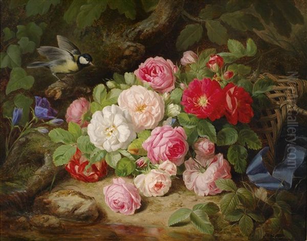 Rosenstuck Am Waldboden Mit Vogel, Schmetterling Und Korb Mit Blauem Band Oil Painting by Josef Lauer