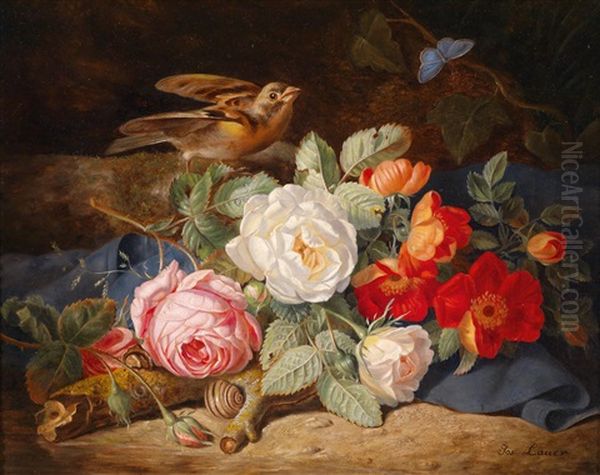 Blumenstuck Am Waldboden Mit Rosen, Schmetterling Und Schnecke Oil Painting by Josef Lauer