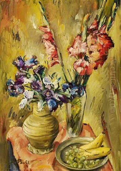 Still Life With Gladiolas And Fruits Oil Painting by Josef Bell