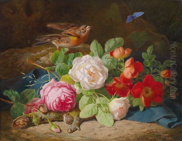 Stillleben Mit Rosen, Zeisig Und Schmetterling Oil Painting by Josef Lauer