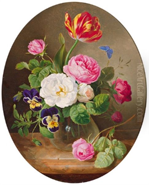 Blumenstuck In Glasvase Mit Rosen, Tulpen, Stiefmutterchen Und Einem Schmetterling Oil Painting by Josef Lauer