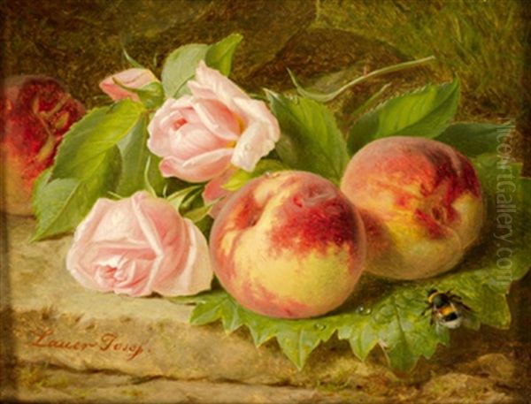 Stillleben Mit Rosen Und Pfirsich Oil Painting by Josef Lauer