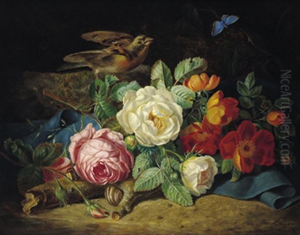 Blumenstuck Am Waldboden Mit Rosen, Schmetterling Und Schnecke Oil Painting by Josef Lauer