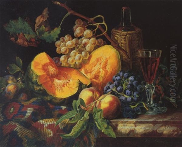 Fruchtestilleben Mit Melone, Teppich Und Rotweinpokal Oil Painting by Josef Lauer