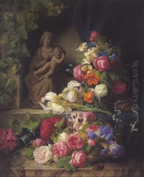 Madonnenstatue In Einer Nische, Umrankt Von Blumen Und Efeu Oil Painting by Josef Lauer