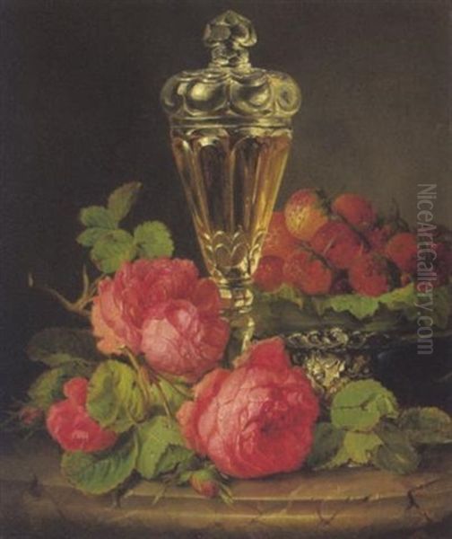 Stilleben Mit Rosen, Erdbeeren Und Einem Glaspokal by Josef Lauer