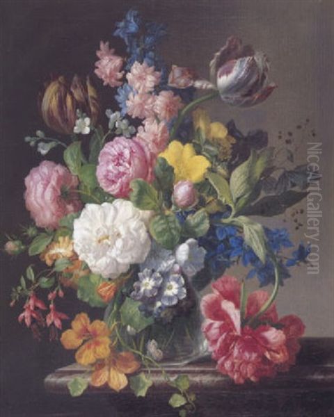 Blumenstrauss In Einer Glasvase Auf Einer Steinbrustung Oil Painting by Josef Lauer