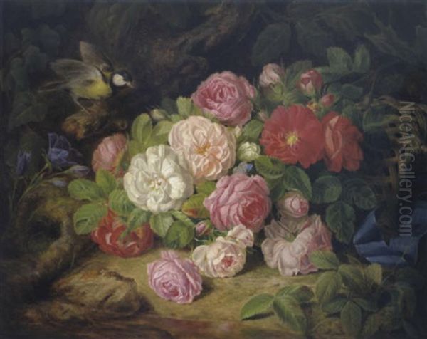 Stilleben Mit Rosenzweigen Am Bachufer Oil Painting by Josef Lauer