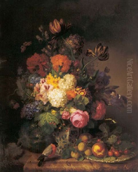 Stilleben Mit Tulpen Und Pfirsichen Oil Painting by Josef Lauer