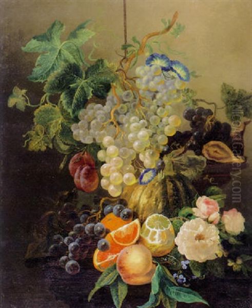 Black And White Grapes In An Urn With A Gourd, Roses, Oranges And Lemons On A Ledge Oil Painting by Josef Lauer