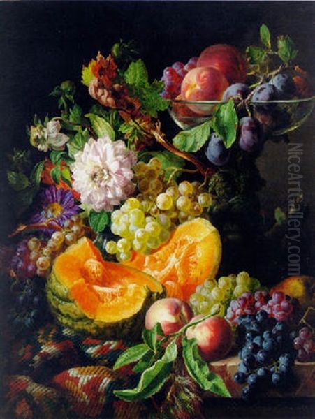 Peaches, Plums, Grapes, And Melon With Autumn Flowers On A Draped, Marble Ledge Oil Painting by Josef Lauer