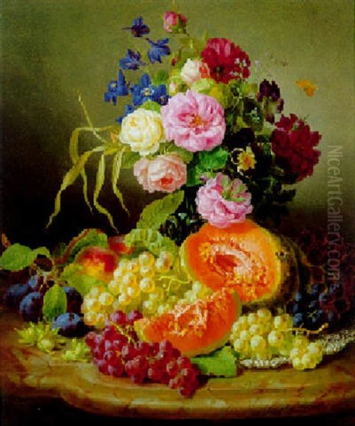 Blumenstuck Mit Fruchten Und Blumen, Umgeben Von Haselnussen Und Trauben Oil Painting by Josef Lauer