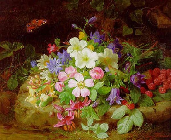 Ein Blumenstraus Mit Himbeeren Und Einem Schmetterling Oil Painting by Josef Lauer