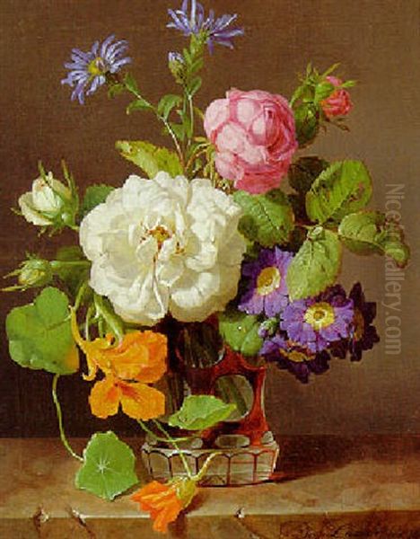 Weise Und Rosa Rosen, Primel Und Kornblumen In Einem Roten Uberfangglas Oil Painting by Josef Lauer