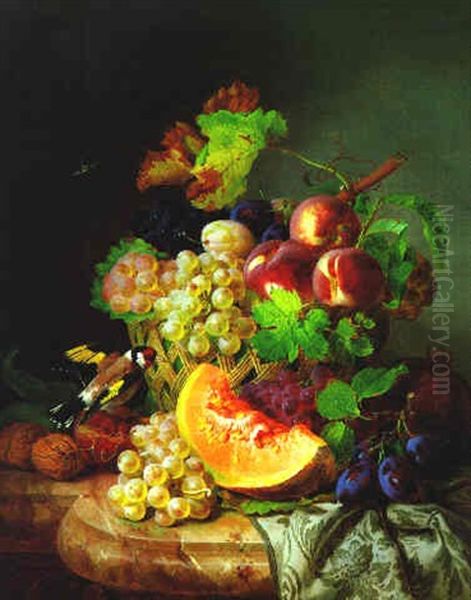 Fruchtestilleben Mit Granatapfel Und Einem Distelfink Oil Painting by Josef Lauer