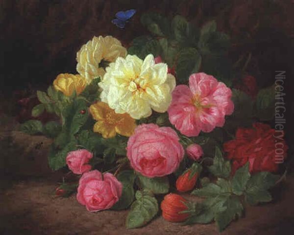 Rosenstilleben Mit Schmetterling, Ameise Und Marienkafer Oil Painting by Josef Lauer