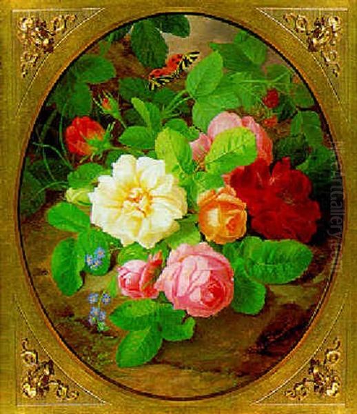 Rosen Und Schmetterling Oil Painting by Josef Lauer