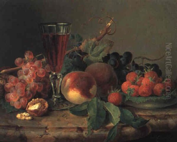 Fruchtestilleben Mit Weinglas Oil Painting by Josef Lauer