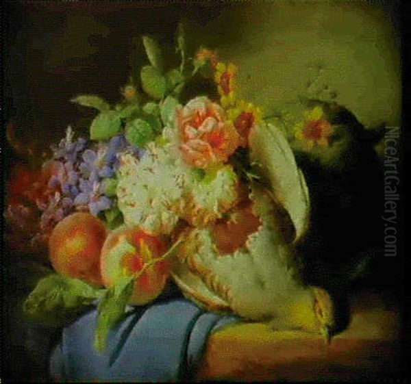 A Still Life With Fruit, Flowers And Dead Game On A Ledge Oil Painting by Josef Lauer