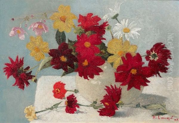 Bouquet De Dahlias Et De Zinnias Oil Painting by Achille Lauge