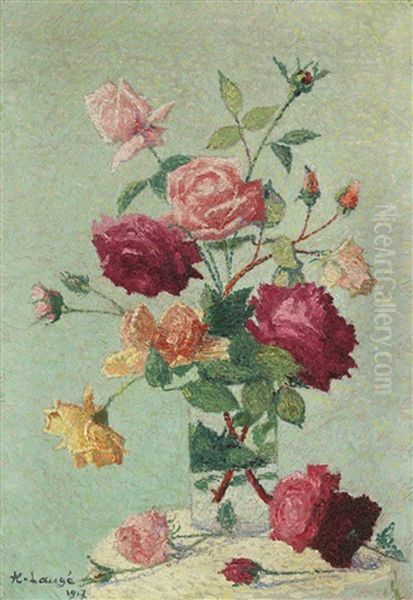 Bouquet De Roses Dans Un Vase Transparent by Achille Lauge