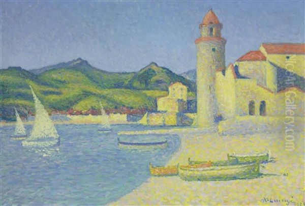 Voiles Blanches A Collioure Oil Painting by Achille Lauge