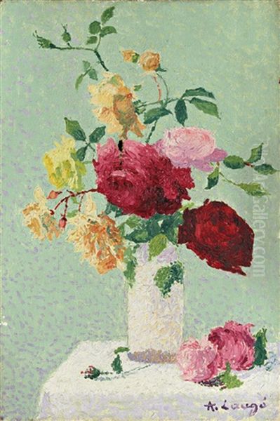 Bouquet De Roses Dans Un Vase Sur Un Entablement Oil Painting by Achille Lauge