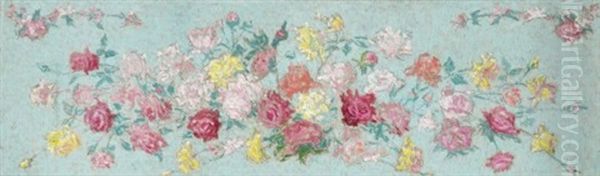 Frise De Fleurs Sur Fond Bleu (study For Es Gobelins) Oil Painting by Achille Lauge