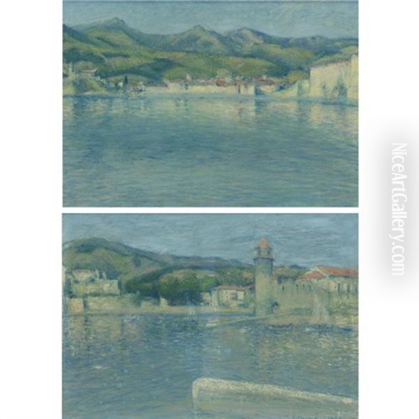 Vue Du Port De Collioure Depuis La Pointe Saint Vincent (diptych) Oil Painting by Achille Lauge