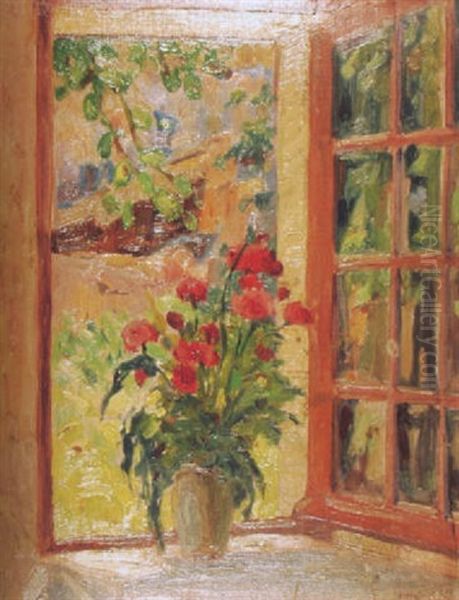 Blumenvase Vor Einem Geoffneten Fenster Oil Painting by Achille Lauge