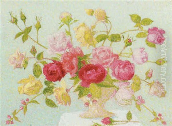 A Vase Of Mixed Roses Oil Painting by Achille Lauge