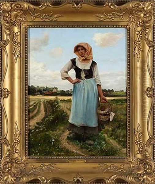 Junge Bauerin Mit Brotzeit Vor Dem Dorf Oil Painting by Georges Laugee