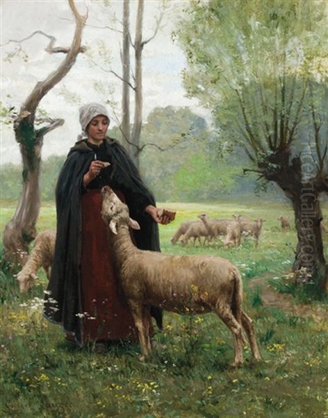 Shepardess With Lamb Oil Painting by Georges Laugee