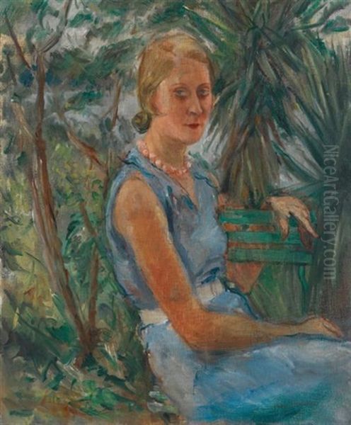 Portrait De Femme Assise Dans Un Jardin Exotique Oil Painting by Jean Launois