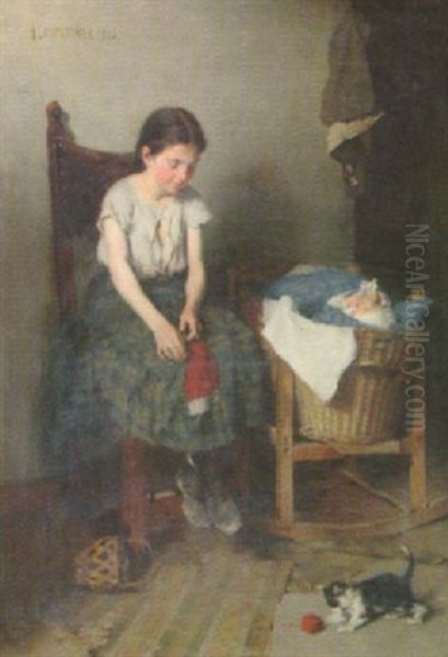 Lilla Syster Sitter Barnvakt Oil Painting by Anton Laupheimer