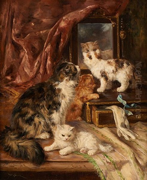 Chatte Et Ses Chatons Devant Le Miroir Oil Painting by Marie Yvonne Laur