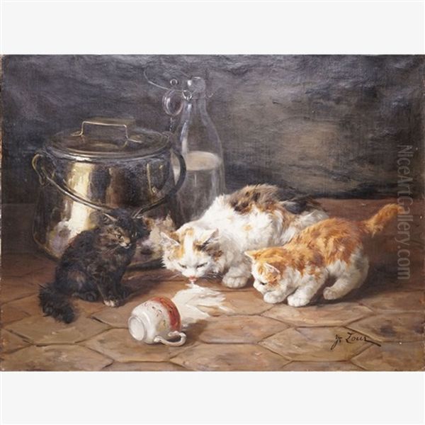 Les Chatons A La Tasse Renversee Oil Painting by Marie Yvonne Laur