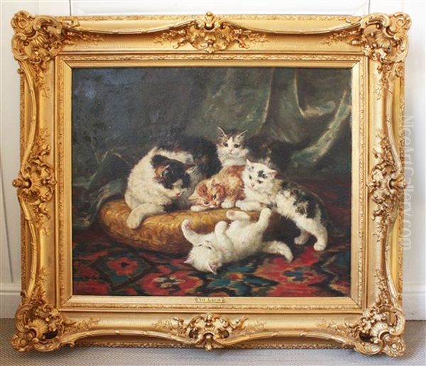 Chatte Et Ses Chatons Sur Un Coussin Oil Painting by Marie Yvonne Laur