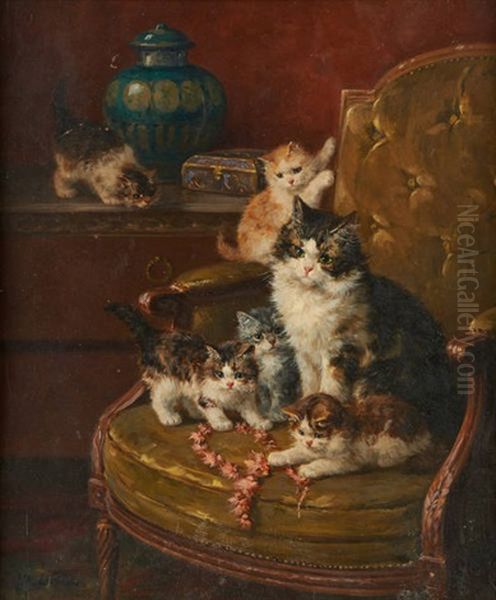 Chatte Et Chatons Aux Colliers Oil Painting by Marie Yvonne Laur