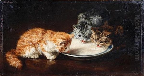 Three Kittens With A Bowl Of Milk Oil Painting by Marie Yvonne Laur