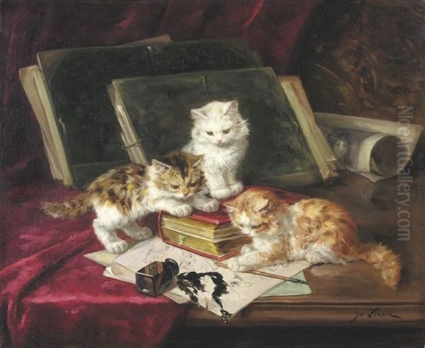 Jeux De Chatons Sur Un Tableau Oil Painting by Marie Yvonne Laur