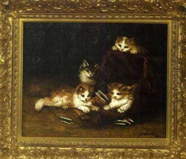 Four Kittens At Play With A Spool Of Wool Oil Painting by Marie Yvonne Laur