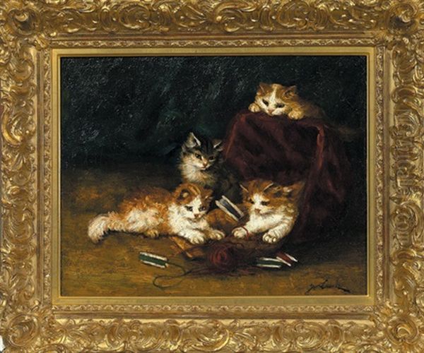 Four Kittens At Play With A Spool Of Wool by Marie Yvonne Laur