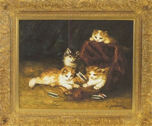 Four Kittens At Play With A Spool Of Wool Oil Painting by Marie Yvonne Laur