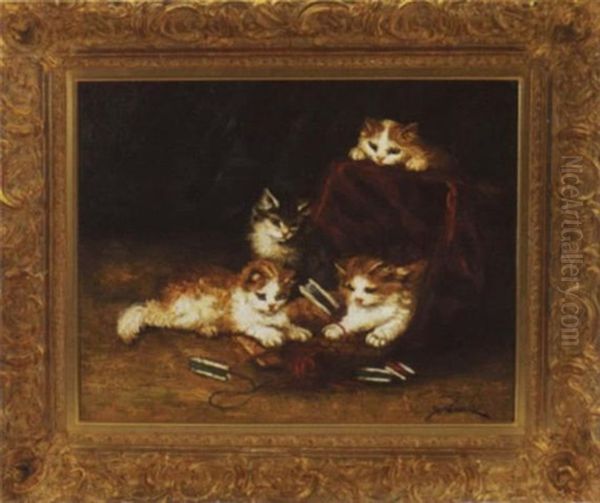 Four Kittens At Play With A Spool Of Wool Oil Painting by Marie Yvonne Laur