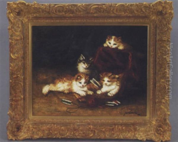 Four Kittens At Play With A Spool Of Wool Oil Painting by Marie Yvonne Laur