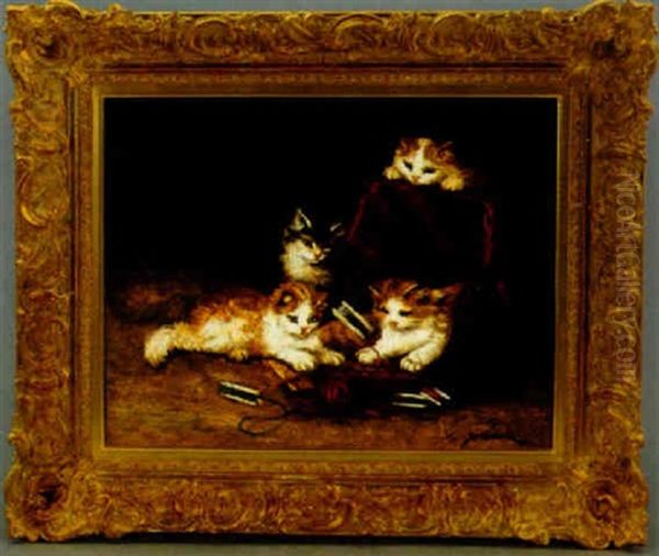 Four Kittens At Play With A Spool Of Wool Oil Painting by Marie Yvonne Laur