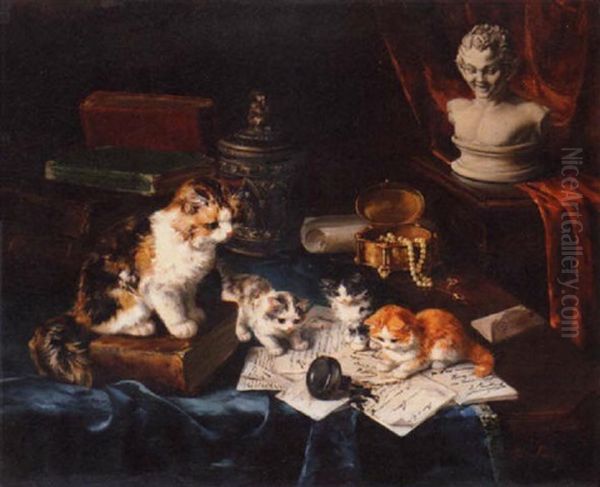 Kittens At Play Oil Painting by Marie Yvonne Laur