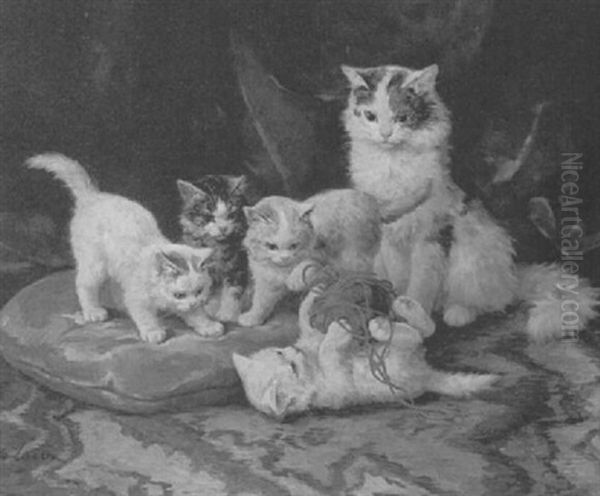 Chatons A La Pelote De Laine Oil Painting by Marie Yvonne Laur